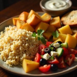 The GYRO Full Plate features flavorful gyro meat, fresh veggies, and tzatziki sauce, served with warm pita bread.