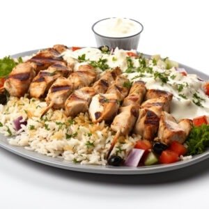 Full Plate With Rice, Roast Potato, Greek Salad, Sliced Pita and Tzatziki Sauce.